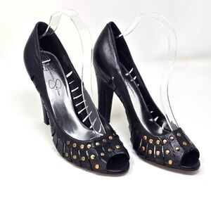 Jessica Simpson ✦ Laverna Heels ✦ Black Leather w/ Gold Studs & Open Toe Size 8½